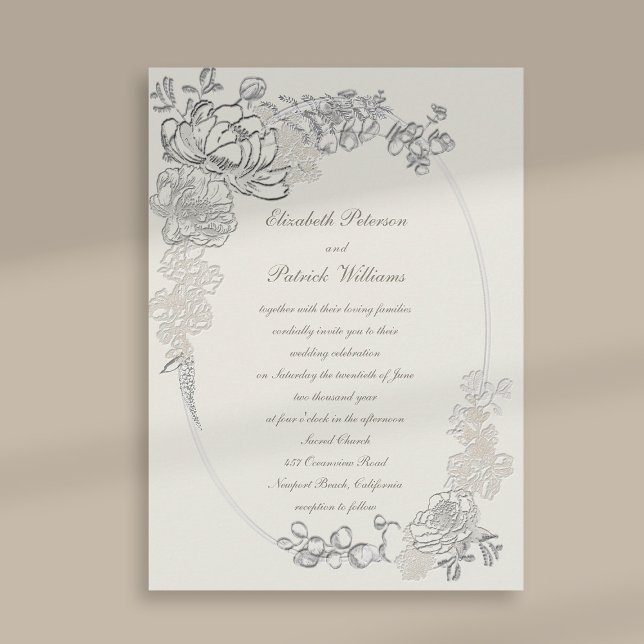 Faux Embossed Peonies Ov Ram Calligraphy Bröllop Inbjudningar (peony wedding invitation floral oval frame formal traditional elegant calligraphy ecru classic chic)