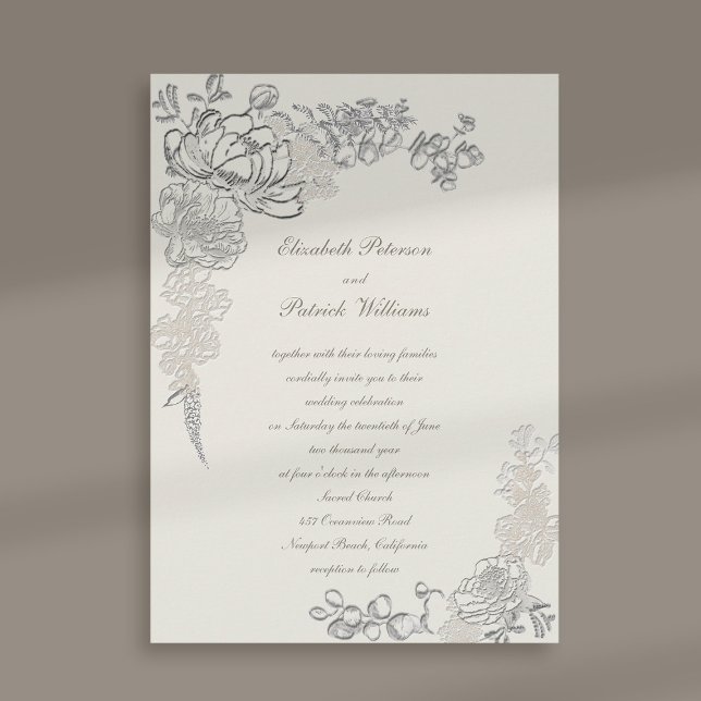 Faux Embossed Peonies Ram Calligraphy Bröllop Inbjudningar (peony wedding invitation floral frame formal traditional elegant calligraphy ecru modern classic)
