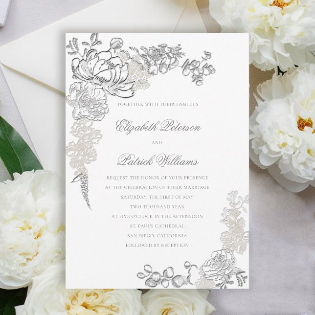 Faux Embossed Peonies Ram Formal Classic Bröllop Inbjudningar (peony wedding invitation floral frame formal traditional elegant calligraphy modern classic ivory)