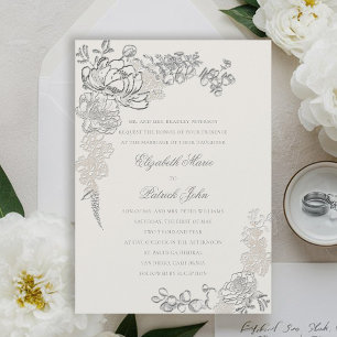 Faux Embossed Peonies Ram Formal Ecru Bröllop Inbjudningar