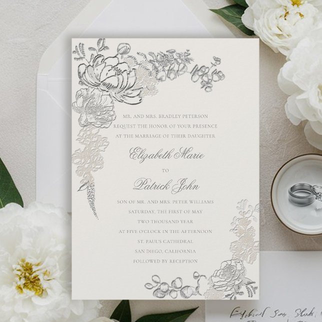 Faux Embossed Peonies Ram Formal Ecru Bröllop Inbjudningar (peony wedding invitation floral frame formal traditional elegant calligraphy modern classic ecru)