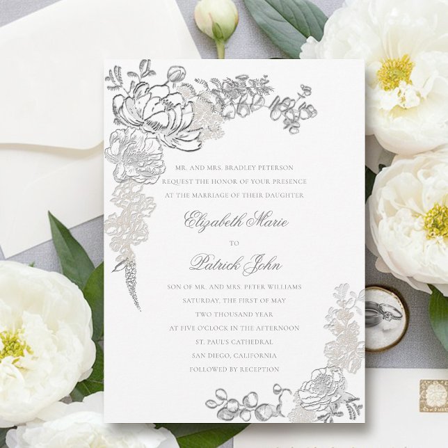 Faux Embossed Peonies Ram Formal Parants Bröllop Inbjudningar (peony wedding invitation floral frame formal traditional elegant calligraphy modern classic parents)