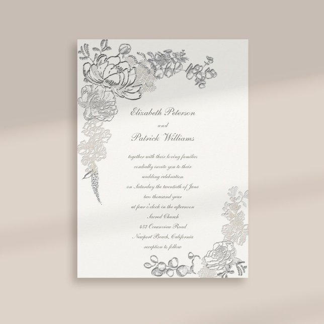 Faux Embossed Peony Chic Ram Calligraphy Bröllop Inbjudningar (formal traditional elegant calligraphy wedding invitation faux embossed peony pearl classic)