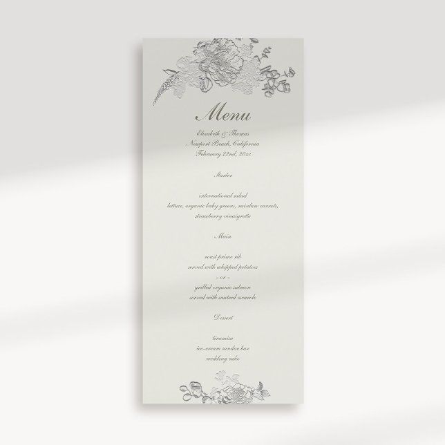 Faux Embossed Peony Classic Formal Ecru Bröllop Meny (formal traditional elegant calligraphy wedding menu card faux embossed peony ecru classic)