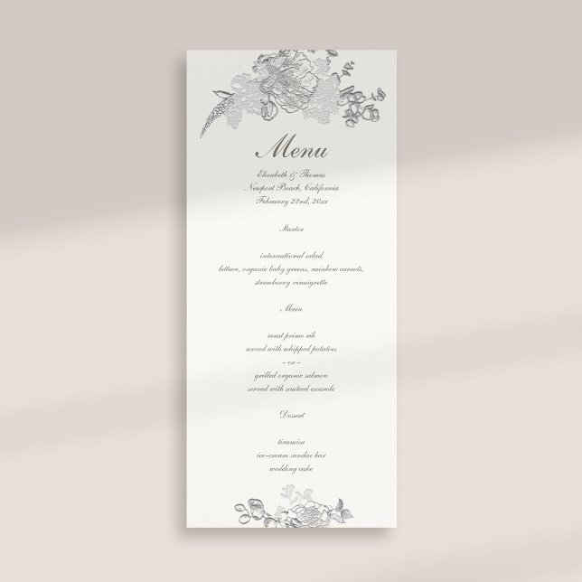 Faux Embossed Peony Classic Formal Pearl Bröllop Meny (formal traditional elegant calligraphy wedding menu card faux embossed peony pearl classic)