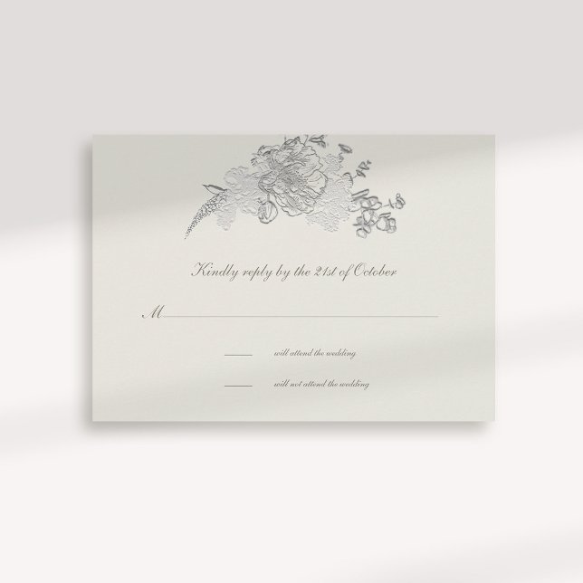 Faux Embossed Peony Formal Ecru Bröllop OSA Card (formal traditional elegant calligraphy wedding rsvp card faux embossed peony ecru classic)