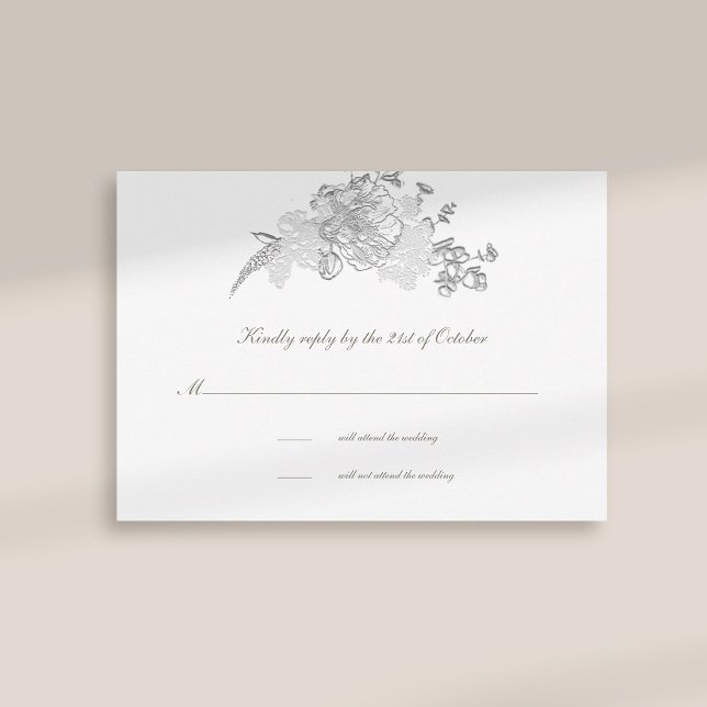 Faux Embossed Peony Forme Ivory Bröllop OSA Card (formal traditional elegant calligraphy wedding rsvp card faux embossed peony ivory classic)