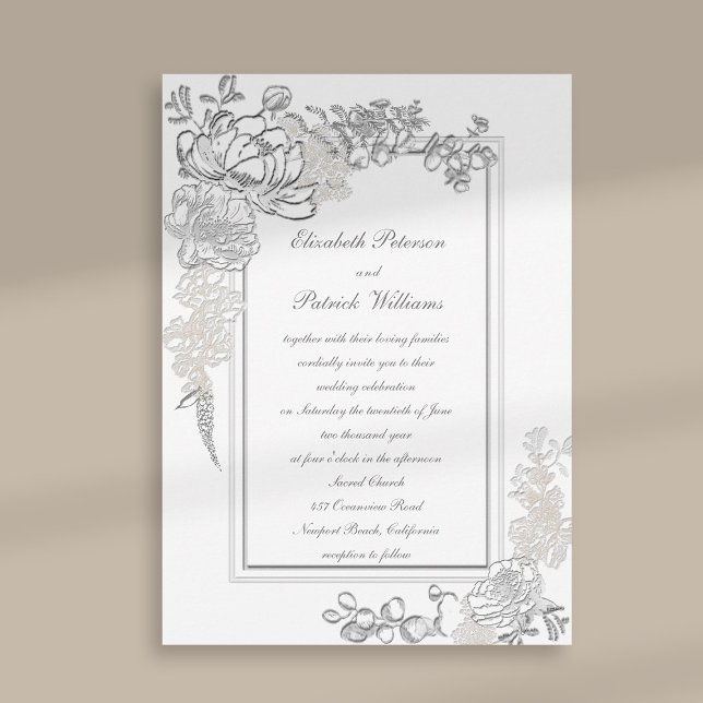 Faux Embossed Peony Ivory Calligraphy Bröllop Inbjudningar (peony wedding invitation floral double frame formal traditional elegant calligraphy ivory classic)