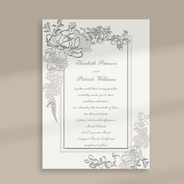 Faux Embossed Peony Pearl Calligraphy Bröllop Inbjudningar (peony wedding invitation floral double frame formal traditional elegant calligraphy pearl classic)