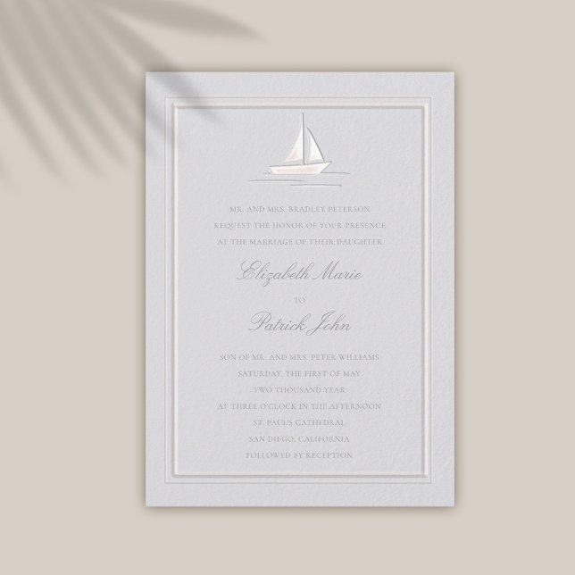 Faux Embossed Ram Boat Coastal Foral Bröllop Inbjudningar (coastal wedding invitation modern classic formal traditional frame faux embossed boat)