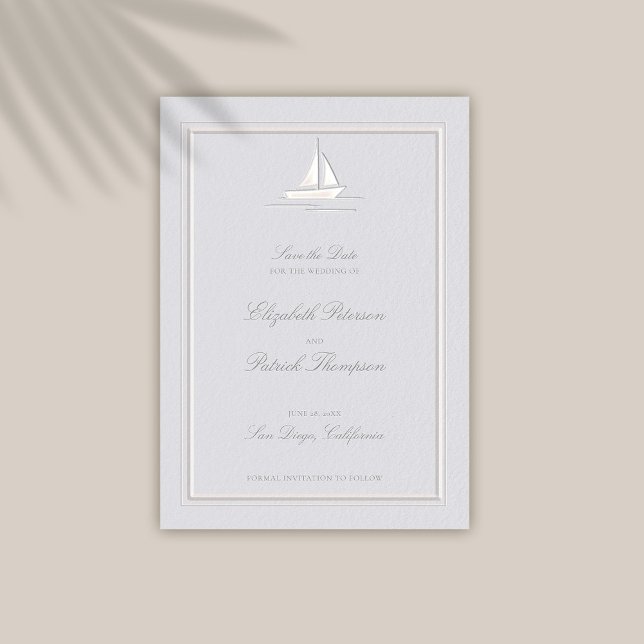 Faux Embossed Ram Boat Coastal Foral Bröllop Spara Datumet (coastal wedding save the date card modern classic formal traditional frame faux embossed boat)