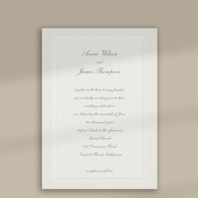 Faux Embossed Ram Ecru Formal Classic Bröllop Inbjudningar (formal traditional wedding invitation faux embossed cream ecru frame calligraphy modern classic)