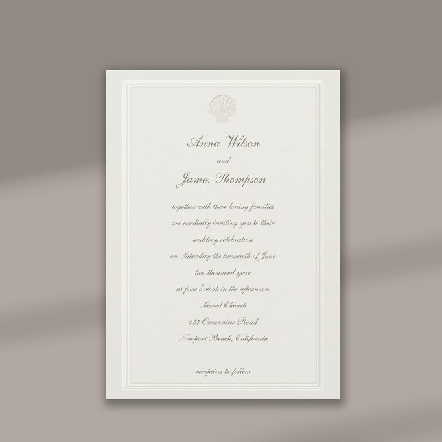 Faux Embossed Ram Seashell Ecru Formal Bröllop Inbjudningar (formal traditional wedding invitation nautical seashell beach ocean lakeside yacht faux embossed)