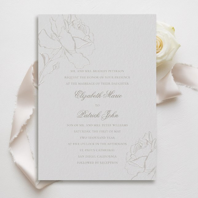 Faux Embossed Ro Ivory Formal Parants Bröllop Inbjudningar (faux embossed roses wedding invitation modern classic traditional formal ivory champagne parents)