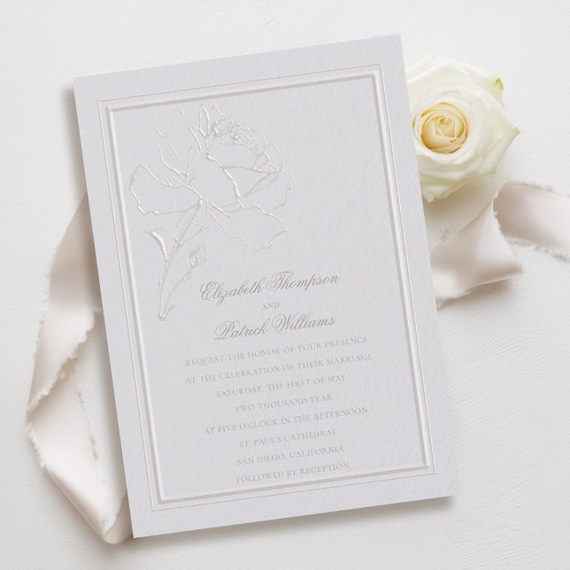 Faux Embossed Ro Ram Elfenbenskusten Bröllop Inbjudningar (faux embossed rose double frame wedding invitation modern classic traditional formal ivory)