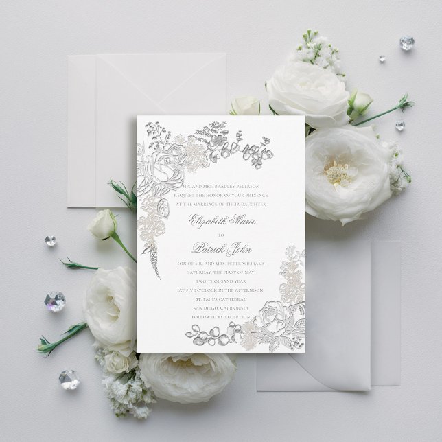 Faux Embossed Ro Ram Formal Parants Bröllop Inbjudningar (faux embossed wedding invitation roses floral frame formal traditional elegant modern classic)