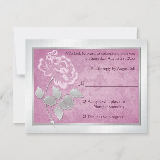 FAUX Embossed Rosa Peony på Silver-svarskort OSA Kort (Framsida)