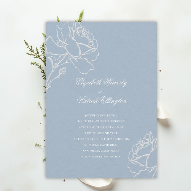 Faux Embossed Roses Blue Formal Classic Wedding Inbjudningar (blue wedding theme dusty white invitation formal traditional modern classic floral elegant roses)