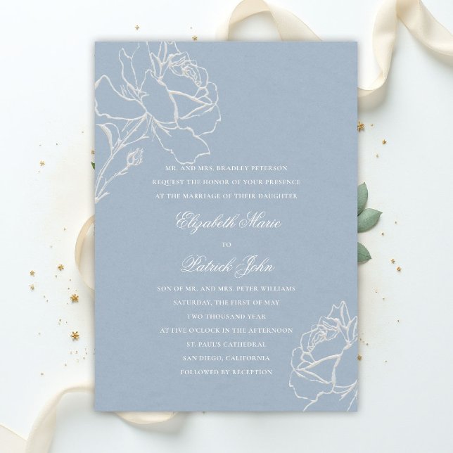 Faux Embossed Roses Blue Formal Parents Wedding Inbjudningar (blue wedding theme dusty white invitation formal traditional modern classic floral roses elegant)