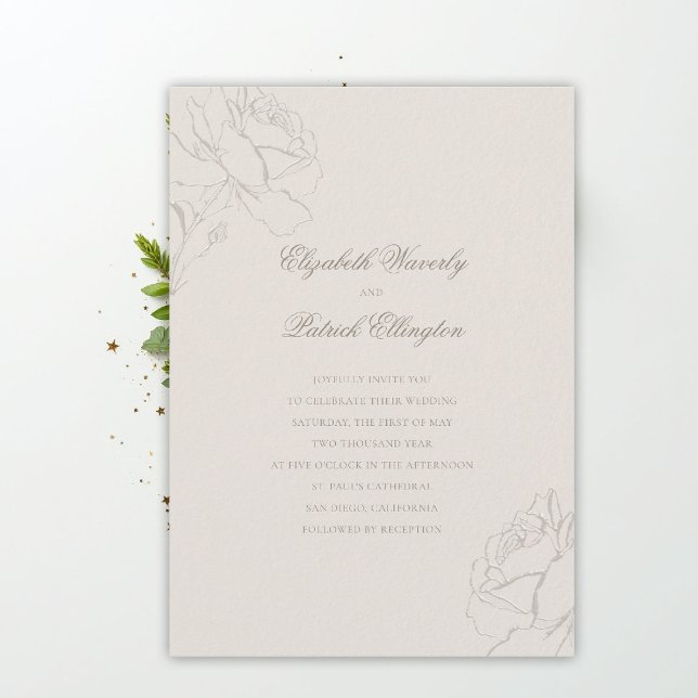Faux Embossed Roses Ecru Modern Classic Wedding Inbjudningar (ethereal wedding theme ecru invitation formal traditional modern classic floral roses elevated)