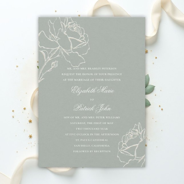 Faux Embossed Roses Sage Green Formal Wedding Inbjudningar (sage green wedding theme invitation formal traditional modern classic floral roses elegant)