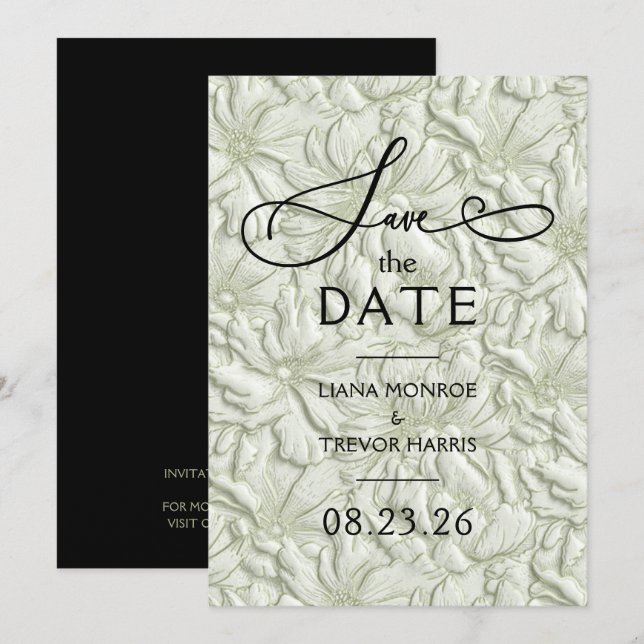 Faux Embossed Sage Green Floral Wedding Spara Datumet (Fram/baksida)