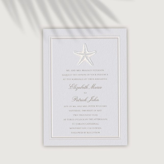 Faux Embossed Starfish Coastal Foral Bröllop Inbjudningar (coastal wedding invitation modern classic formal traditional frame faux embossed starfish)