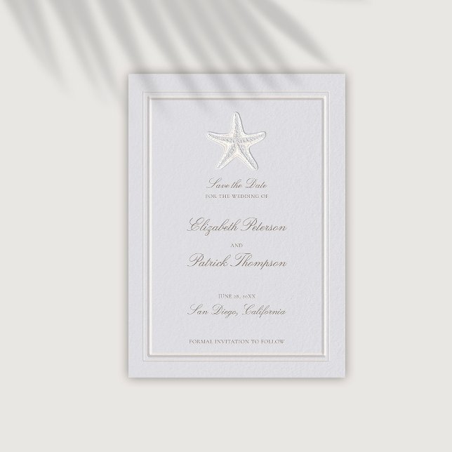Faux Embossed Starfish Coastal Foral Bröllop Spara Datumet (coastal wedding save the date card modern classic formal traditional frame faux embossed starfish)
