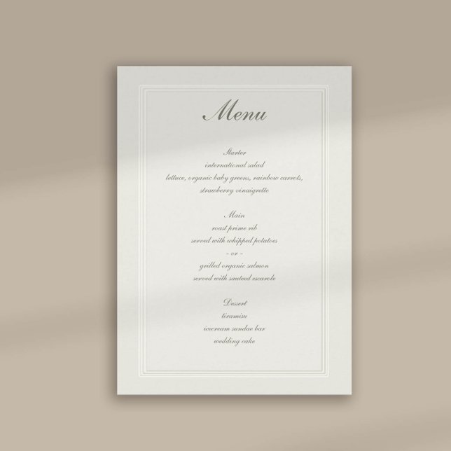 Faux Embossed Triple Ram Traditional Bröllop Meny (formal traditional wedding menu card faux embossed cream ecru frame calligraphy modern classic)