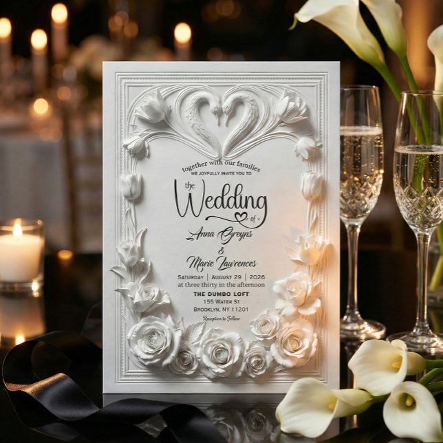 Faux Embossed White Floral Relief Monogram Wedding Inbjudningar (Skapare uppladdad)