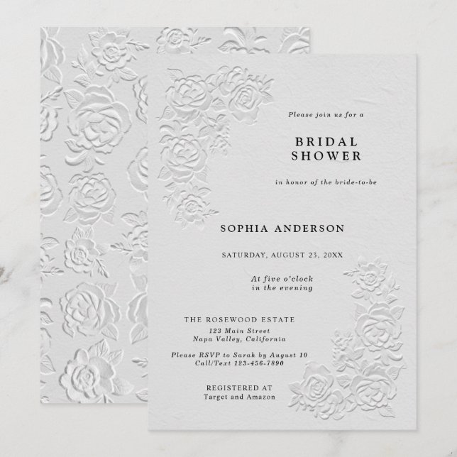 Faux Embossed White Roses Bridal Shower Invitation Inbjudningar (Fram/baksida)
