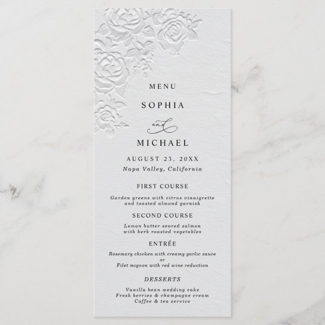 Faux Embossed White Roses Wedding Flat Menu Meny (Framsida)