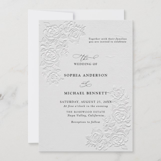 Faux Embossed White Roses Wedding Invitation Inbjudningar (Framsida)