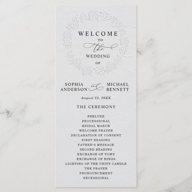 Faux Embossed White Roses Wedding Program (Framsida)