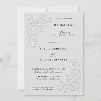 Faux Embossed White Roses Wedding Rehearsal Dinner Inbjudningar