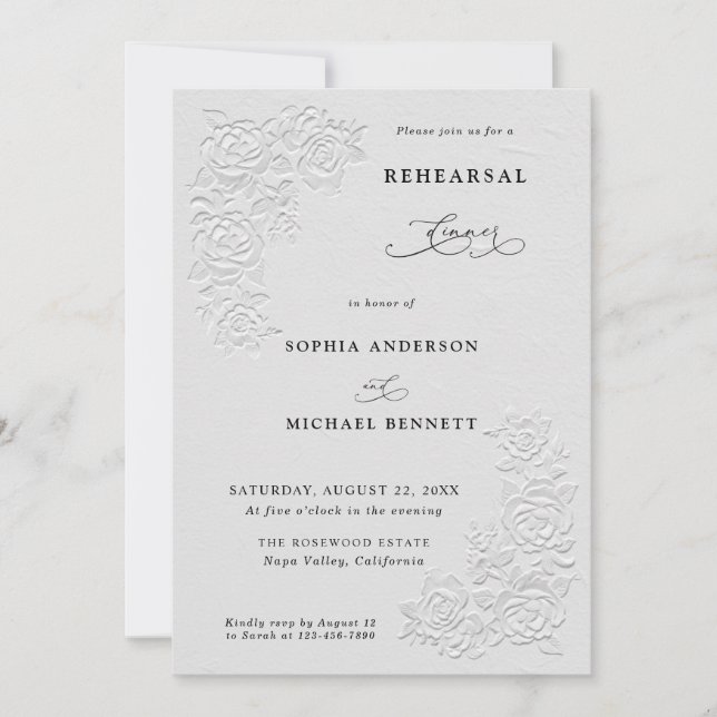 Faux Embossed White Roses Wedding Rehearsal Dinner Inbjudningar (Framsida)