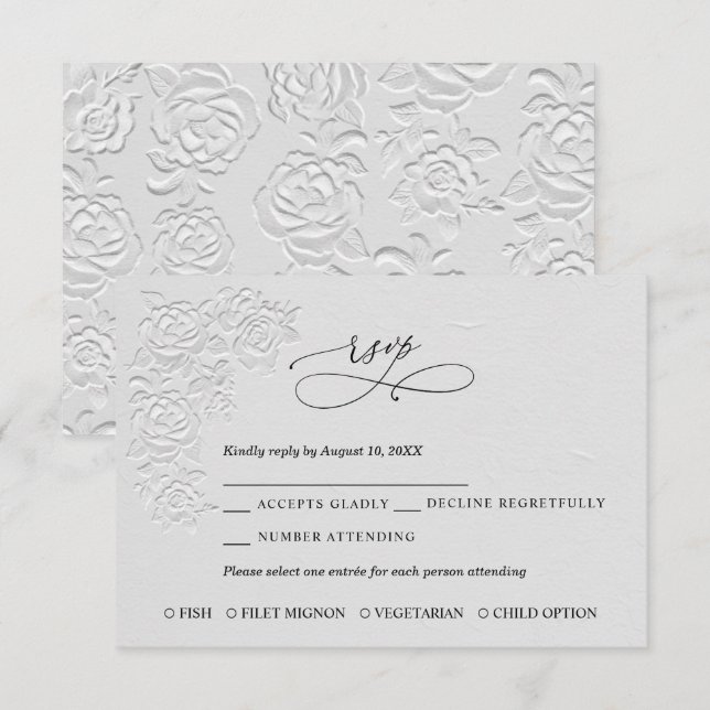 Faux Embossed White Roses Wedding RSVP Card OSA Kort (Fram/baksida)
