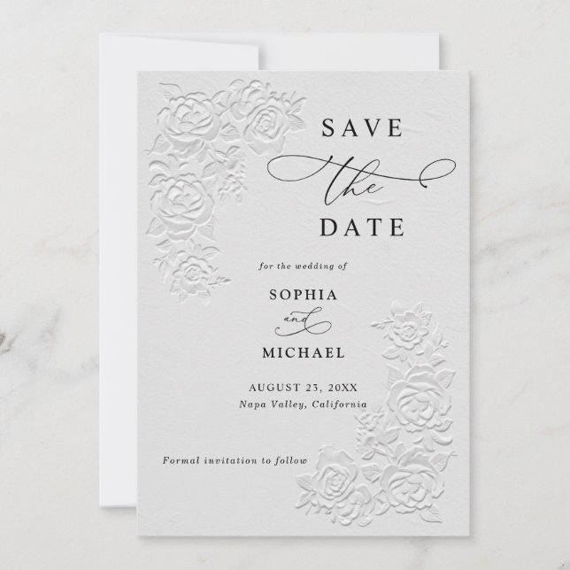 Faux Embossed White Roses Wedding Save the Date  Inbjudningar (Framsida)