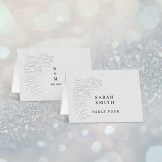 Faux Embossed White Roses Wedding Table Place Card Bordsnummer
