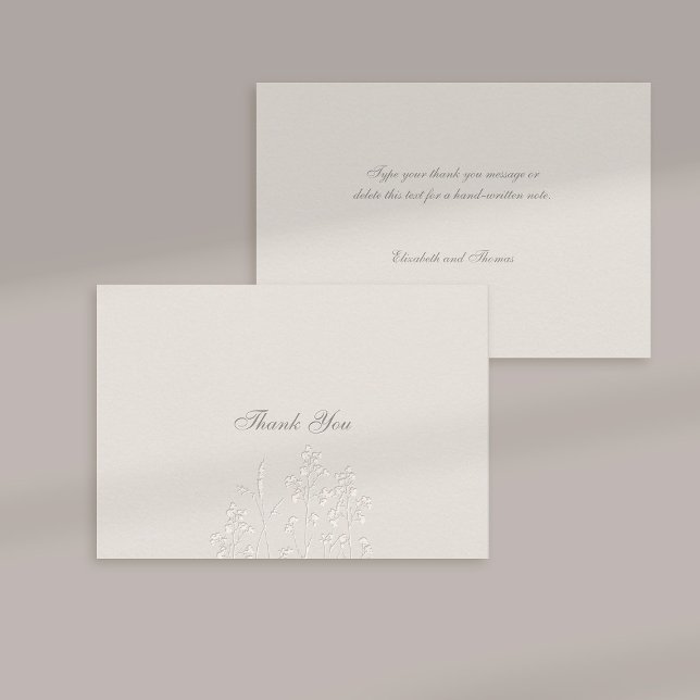 Faux Embossed Wildblommor Ecru Bröllop Tack Kort (formal wedding thank you card traditional calligraphy ecru faux embossed wildflowers elegant classic)