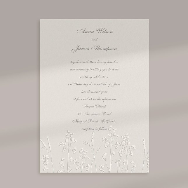 Faux Embossed Wildblommor Ecru Classic Bröllop Inbjudningar (formal traditional wedding invitation faux embossed wildflowers art sketch ecru calligraphy)