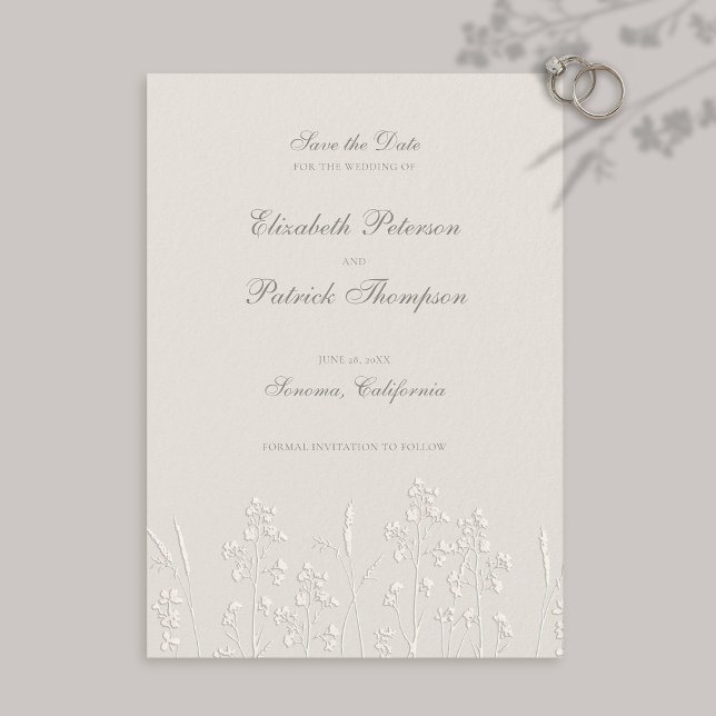 Faux Embossed Wildblommor Ecru Formal Bröllop Spara Datumet (formal traditional wedding save the date faux embossed wildflowers elegant modern classic ecru)