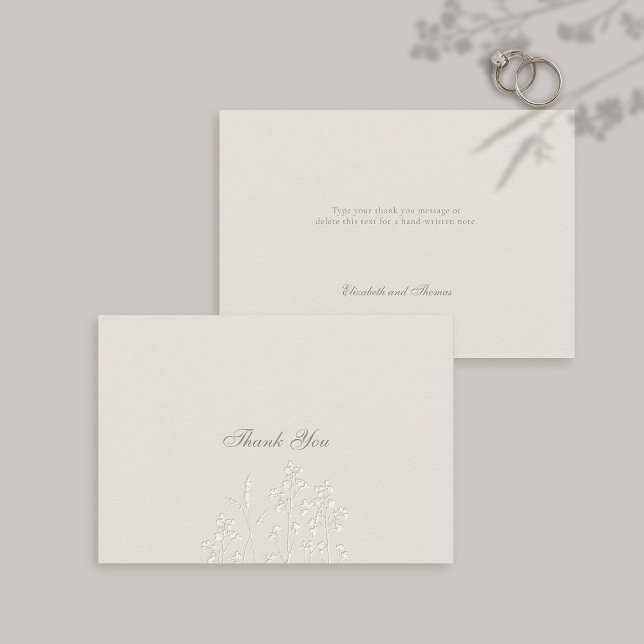 Faux Embossed Wildblommor Ecru Formal Bröllop Tack Kort (Formal Wedding Thank You Card Faux Embossed Wildflowers Calligraphy Modern Classic Ecru Couple Note)