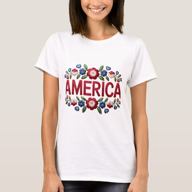 Faux Embroidery America Tshirt T Shirt (Framsida)