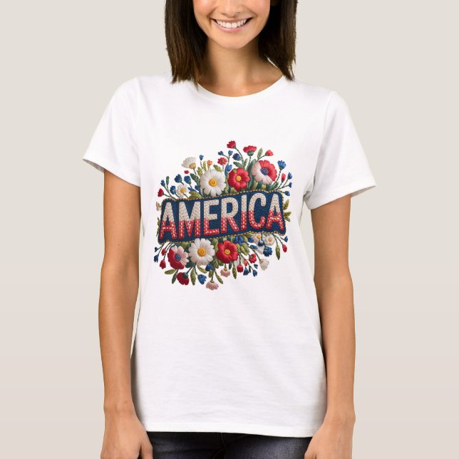 Faux Embroidery America Tshirt T Shirt (Framsida)