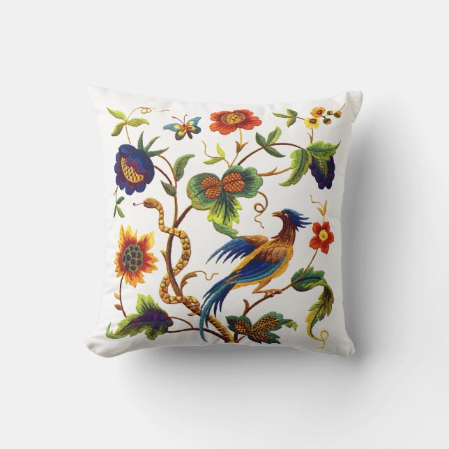 Faux Embroidery - Bird of Paradise Crewel Design Kudde (Framsida)
