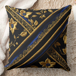 Faux Embroidery Blue Guld Blommor svart Kudde