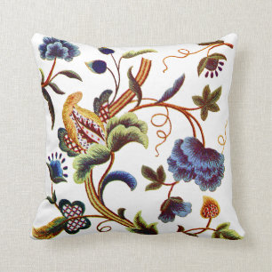 Faux Embroidery - Blue Jacobean Crewel Embroidery Kudde