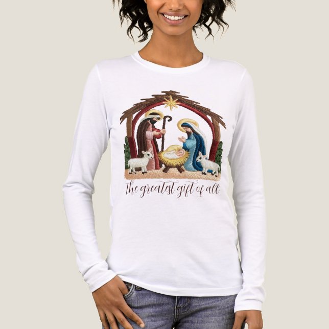Faux Embroidery Nativity Religious Christmas  T Shirt (Framsida)