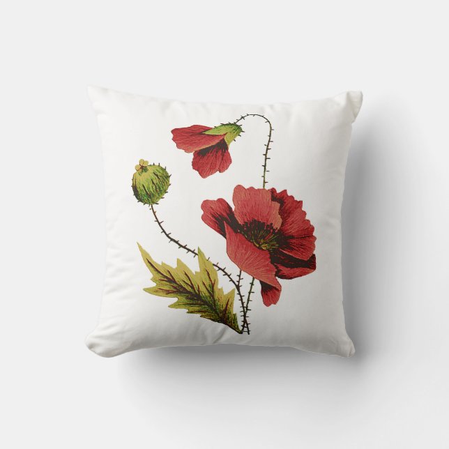 Faux Embroidery Red Poppies Pillow Kudde (Framsida)